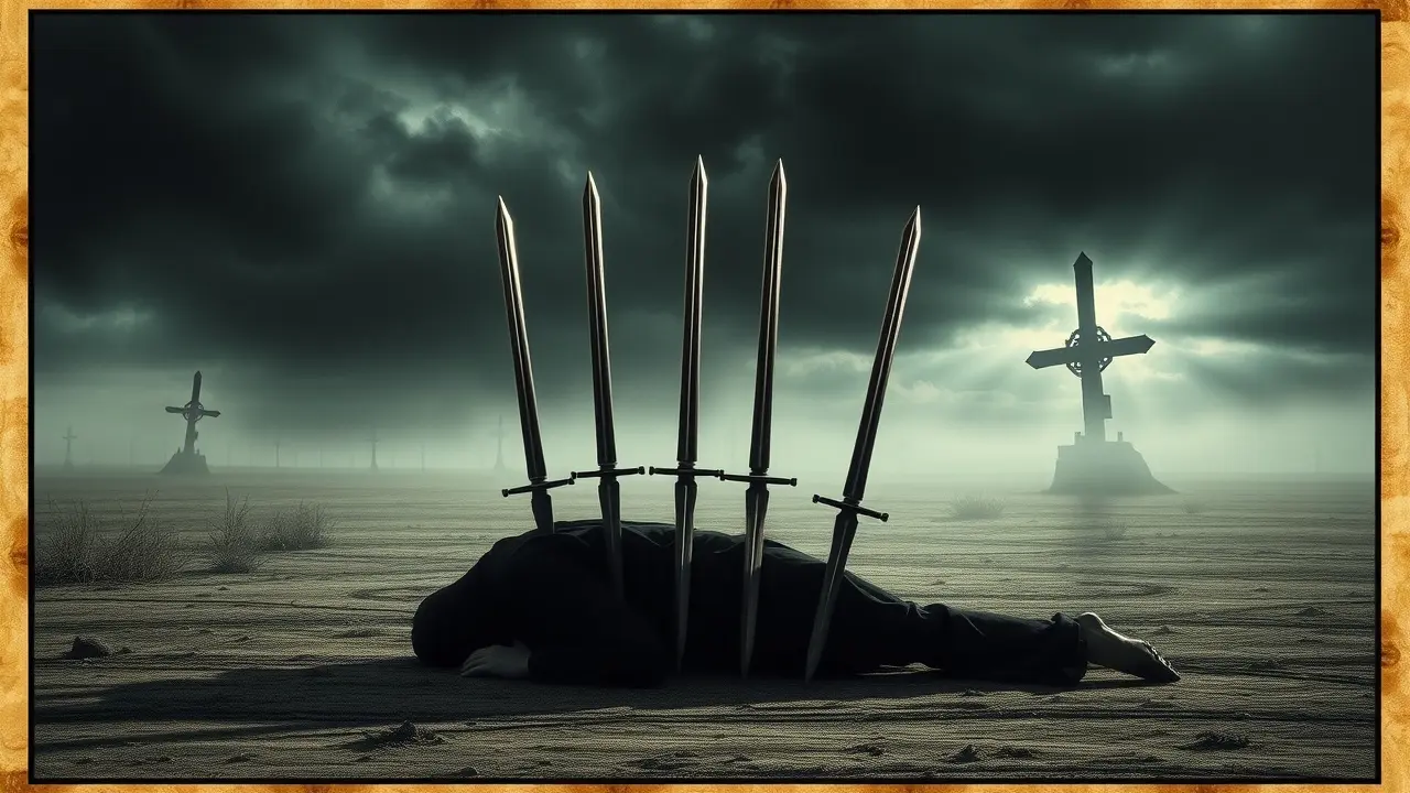 Homem deitado com dez espadas nas costas, simbolizando o fim de um ciclo.