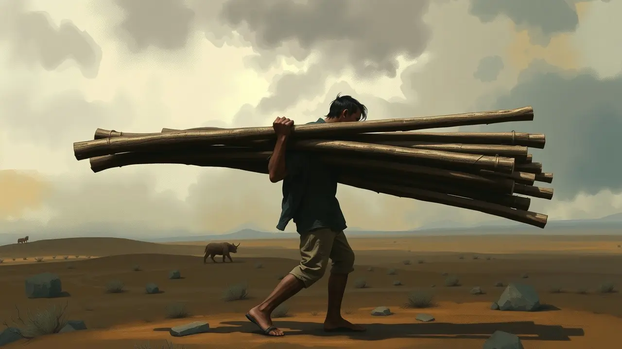 Pessoa carregando dez varas pesadas, simbolizando sobrecarga.