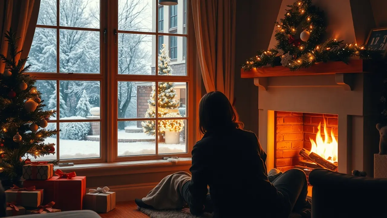 Pessoa sentada perto da lareira em dezembro