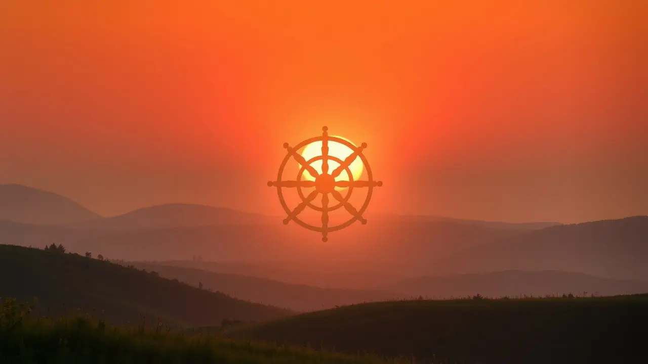 Roda do Dharma dourada ao nascer do sol