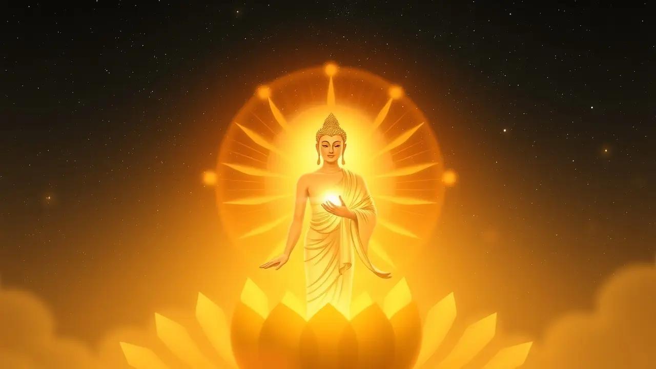 Representação onírica de Dharmakaya em luz dourada.