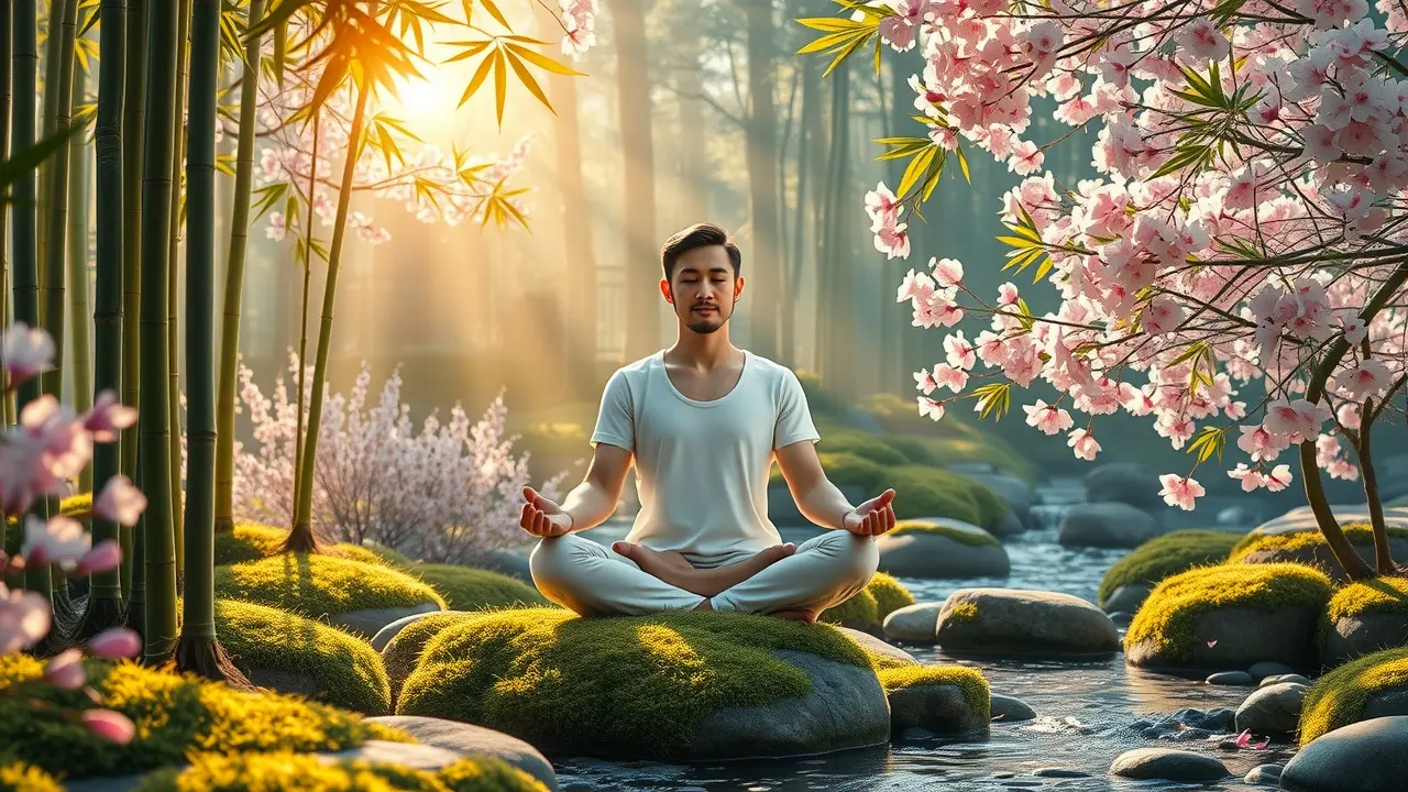 Significado de Sonhar com Dhyana: Encontre Paz e Clareza Pessoa meditando em jardim zen, visualizando Dhyana