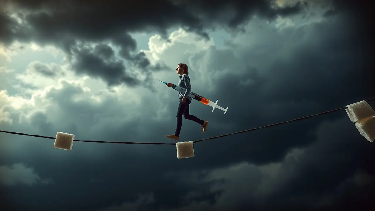 Sonhar com Diabetes: Descubra o Significado e o Que Ele Revela Pessoa caminhando em corda bamba de cubos de açúcar, representando sonhar com diabetes