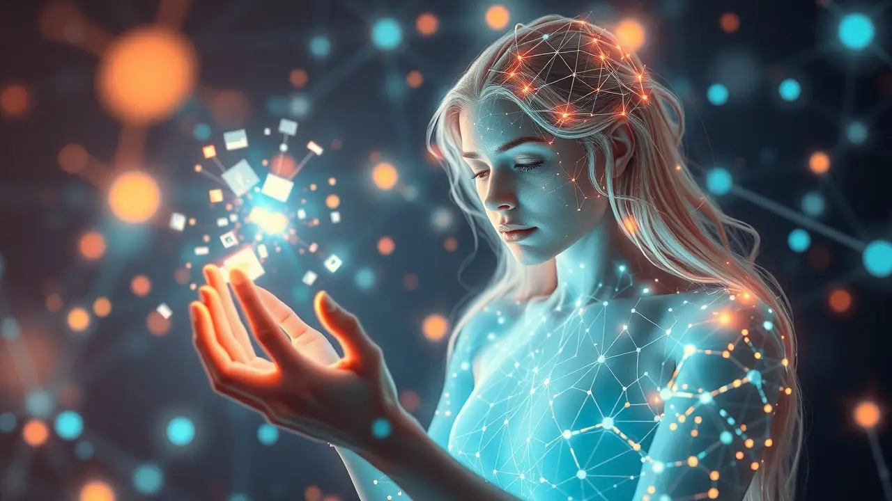 Mulher organizando fragmentos digitais brilhantes.