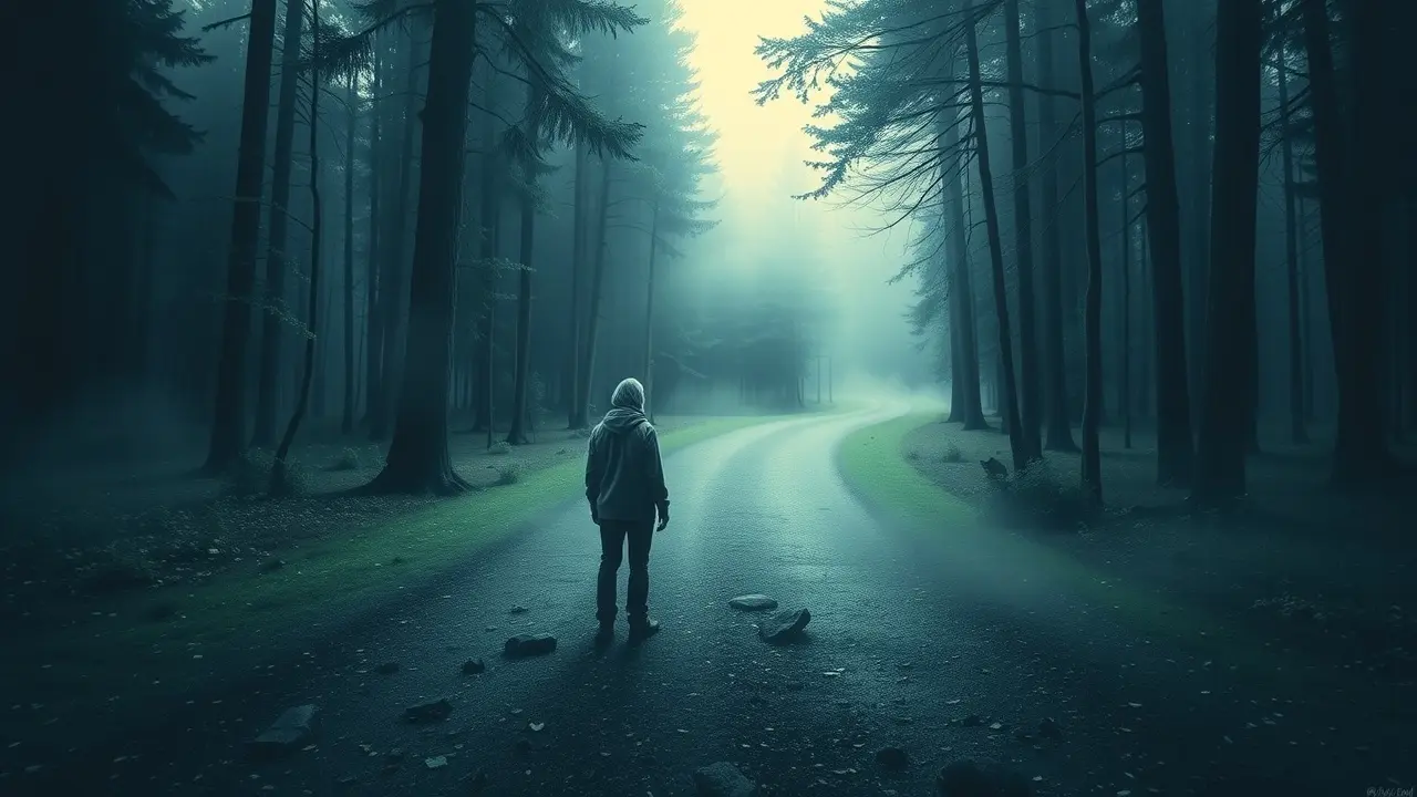 Sonhar com Digressão: Desvende os Significados Ocultos Pessoa em encruzilhada na floresta, simbolizando digressão.