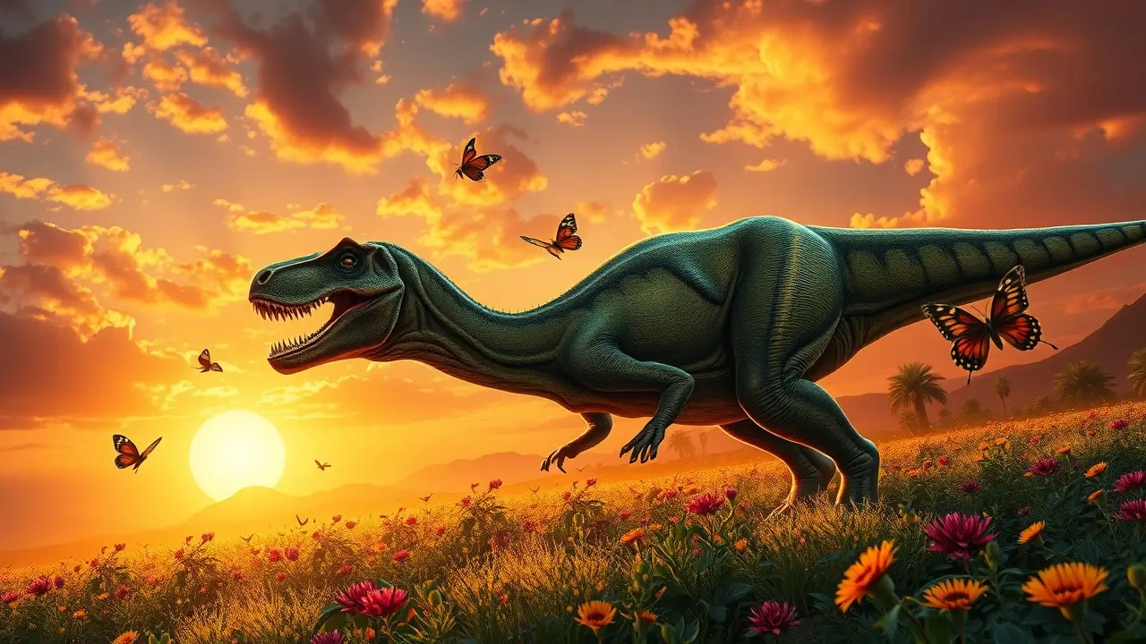 Significado de Sonhar com Dinossauro: Descubra as Mensagens do Inconsciente Filhote de T-Rex brincando ao pôr do sol
