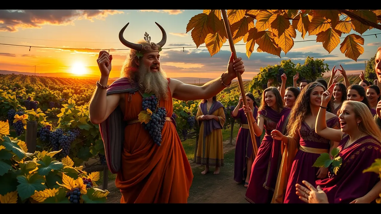 Dionísio em vinhedo ao pôr do sol, celebração e êxtase.