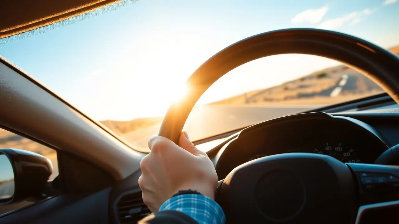 Mãos segurando volante de carro em rodovia ensolarada.