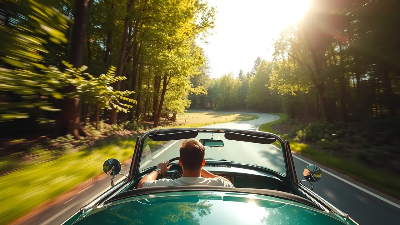 Pessoa dirigindo carro em estrada sinuosa na floresta.