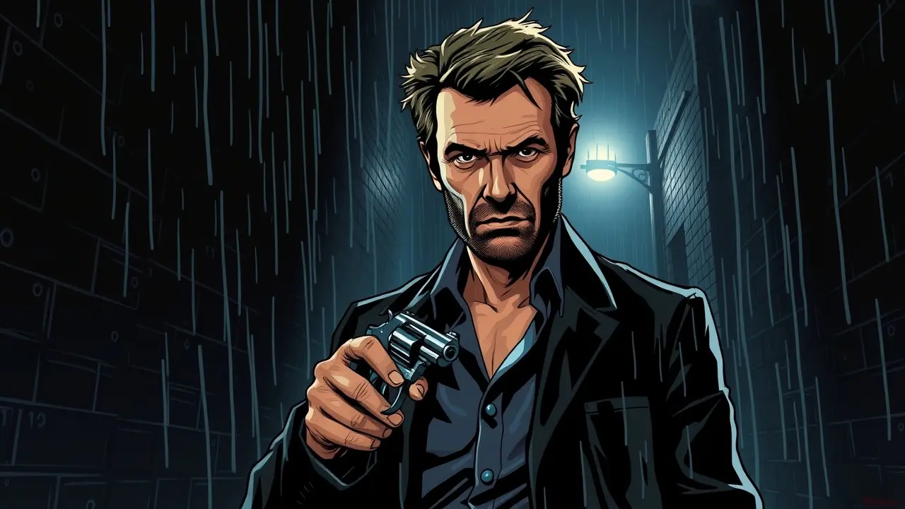 Clint Eastwood como Dirty Harry em um beco escuro.