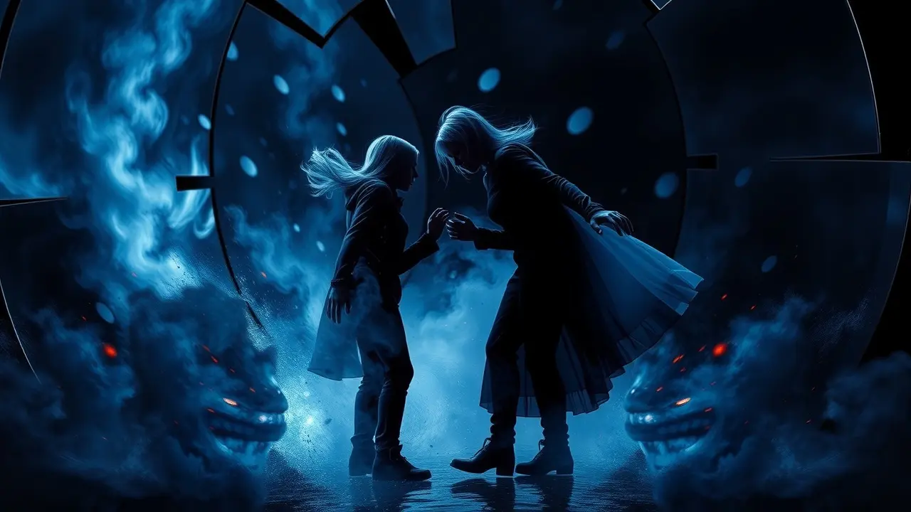 Ilustração de figuras sombrias discutindo, simbolizando conflito interno.