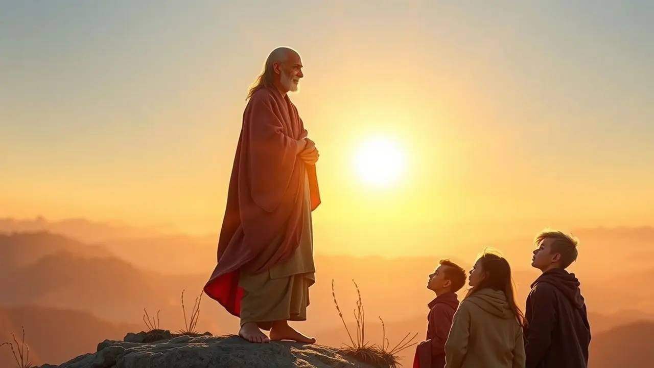Homem guiando discípulos em montanha ao amanhecer