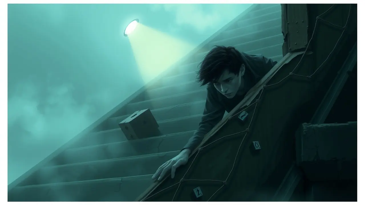 Pessoa tentando subir escada em ruínas, simbolizando desafios e dificuldades.