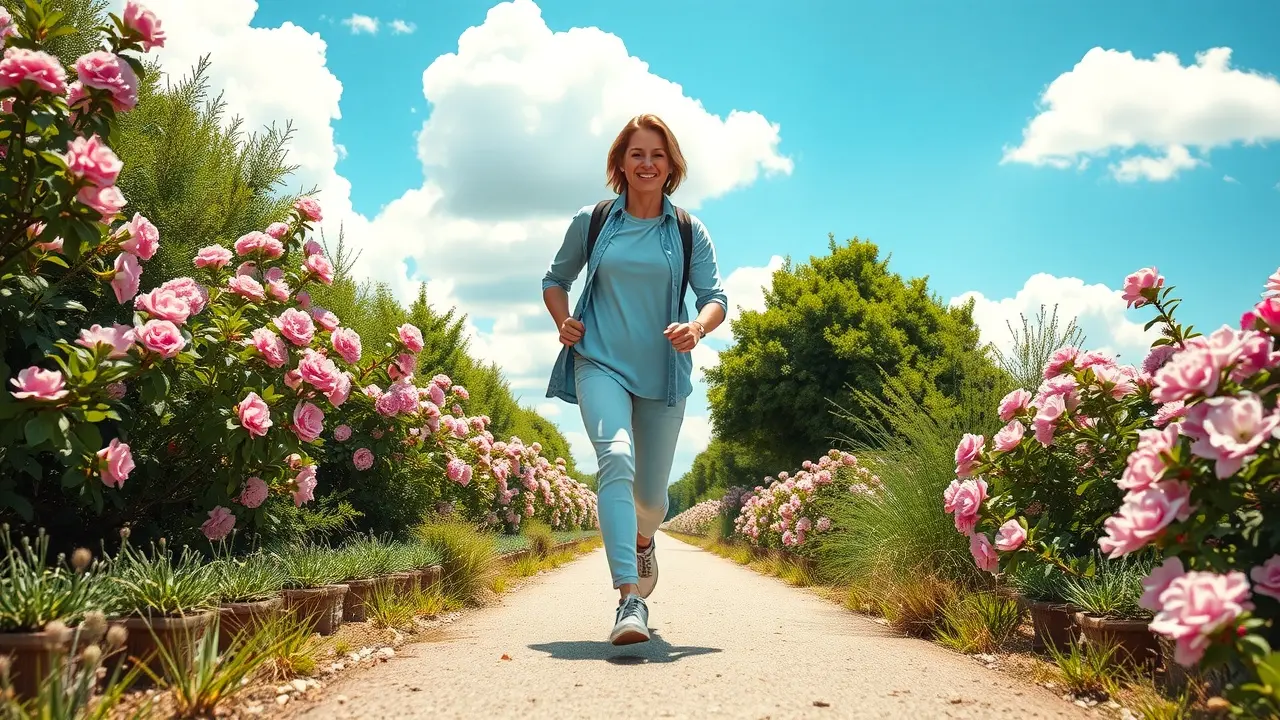 Pessoa radiante de disposição caminhando em um dia ensolarado.
