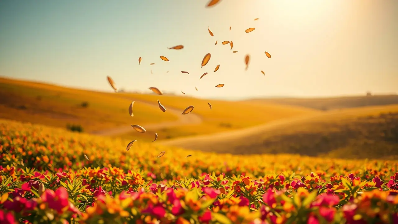 Sonhar com Disseminação: Descubra o Significado e as Implicações Sementes sendo disseminadas ao vento em paisagem fértil.