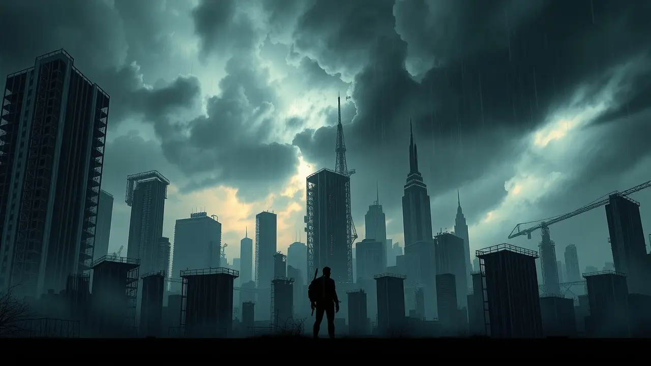 Sonhar com Distopia: Desvendando os Significados Ocultos Cidade distópica com céu tempestuoso