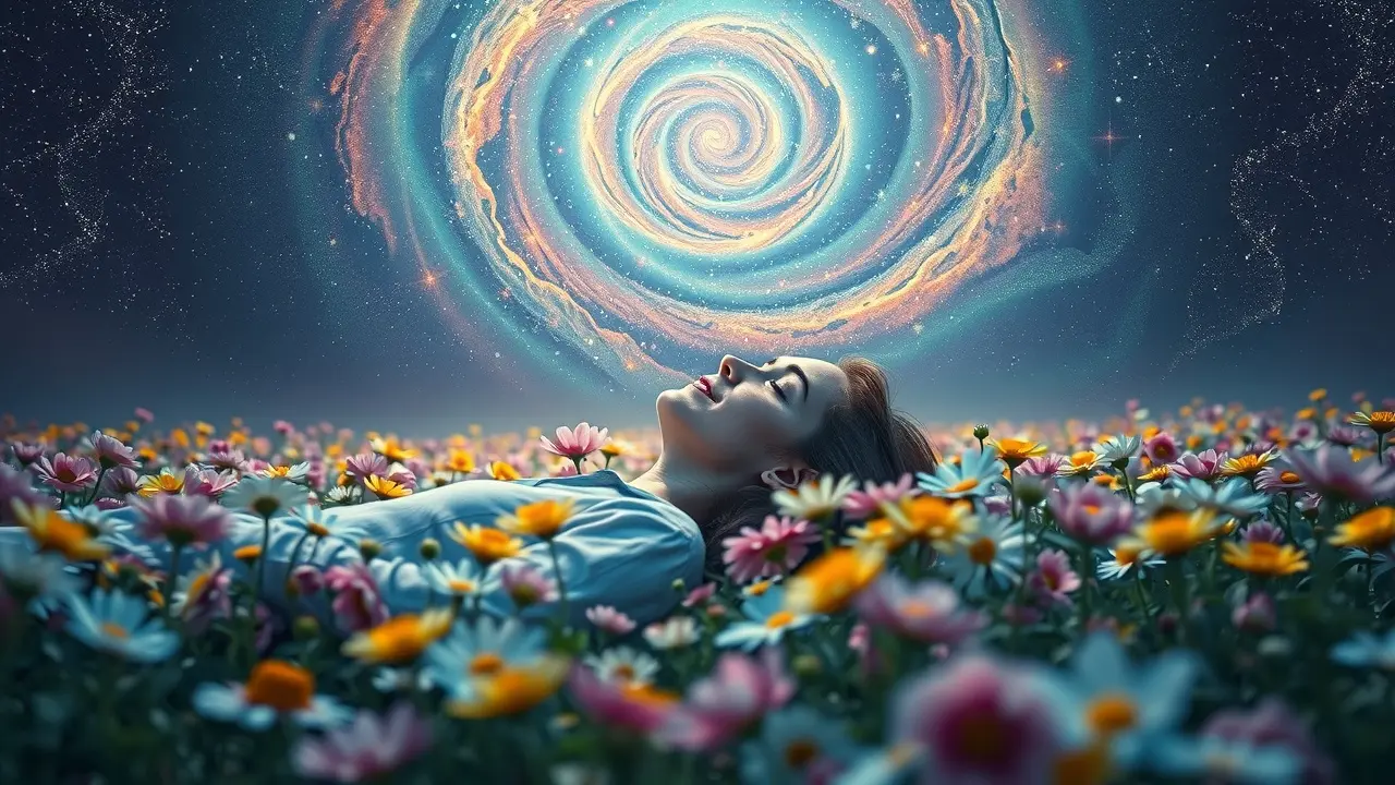 Pessoa deitada em campo florido com galáxia sobre a cabeça