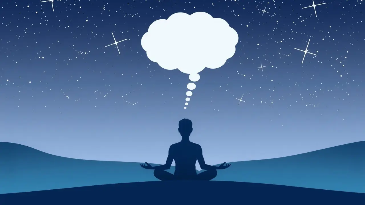 Pessoa meditando com balão de pensamento simbolizando diálogo interno.