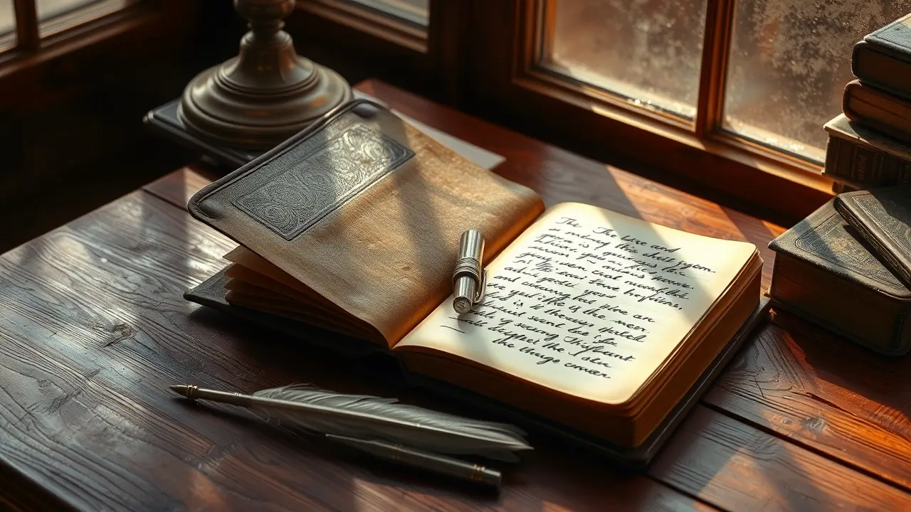 Diário antigo aberto sobre mesa de madeira