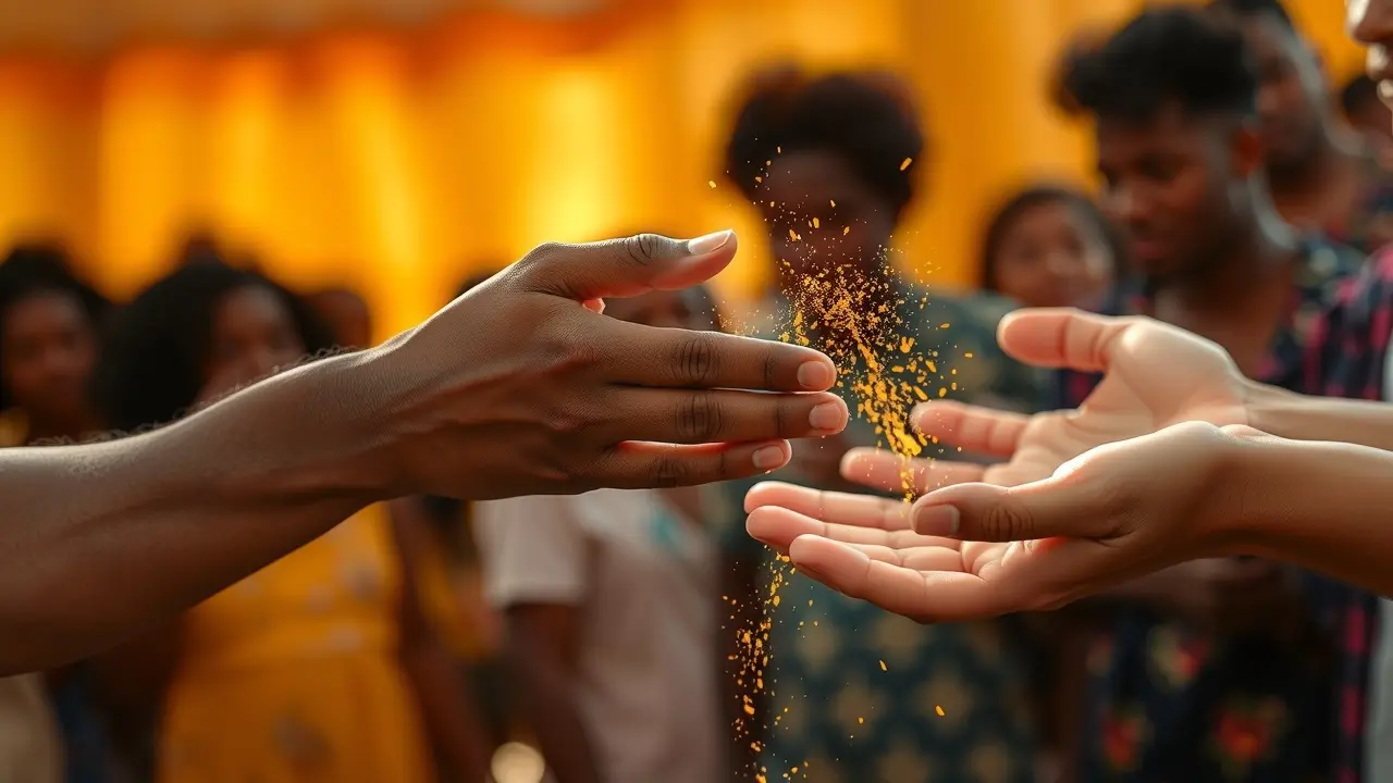 Mãos recebendo pó dourado, simbolizando doação.