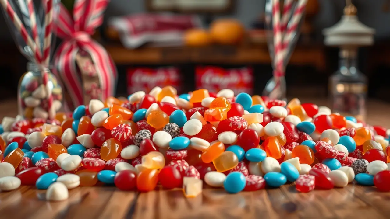 Diversos doces coloridos em uma mesa de madeira
