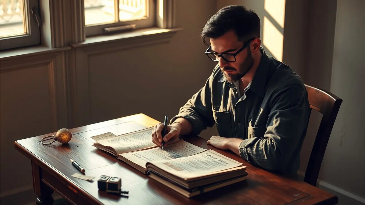 Sonhar com Documento: Descubra os Significados e Interpretações Homem examinando documentos antigos com atenção.