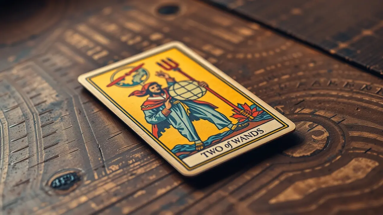 Carta de Tarot Dois de Paus sobre mesa de madeira.