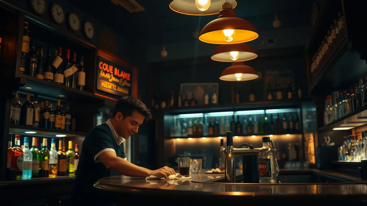 Um bar aconchegante com iluminação suave e um bartender amigável