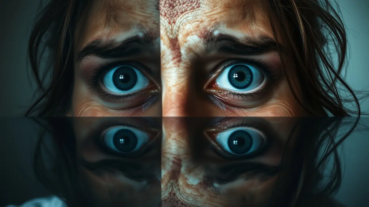 Sonhar com Doppelgänger: Descubra o Significado e as Interpretações Mulher olhando para um reflexo distorcido em um espelho, representando um doppelgänger