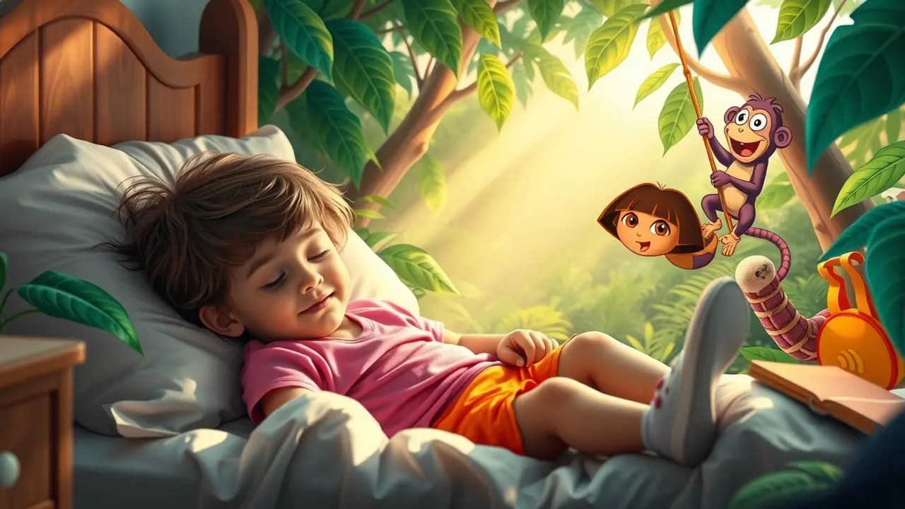 Significado de Sonhar com Dora a Aventureira: Desvende os Símbolos! Criança sonhando com Dora a Aventureira na selva.