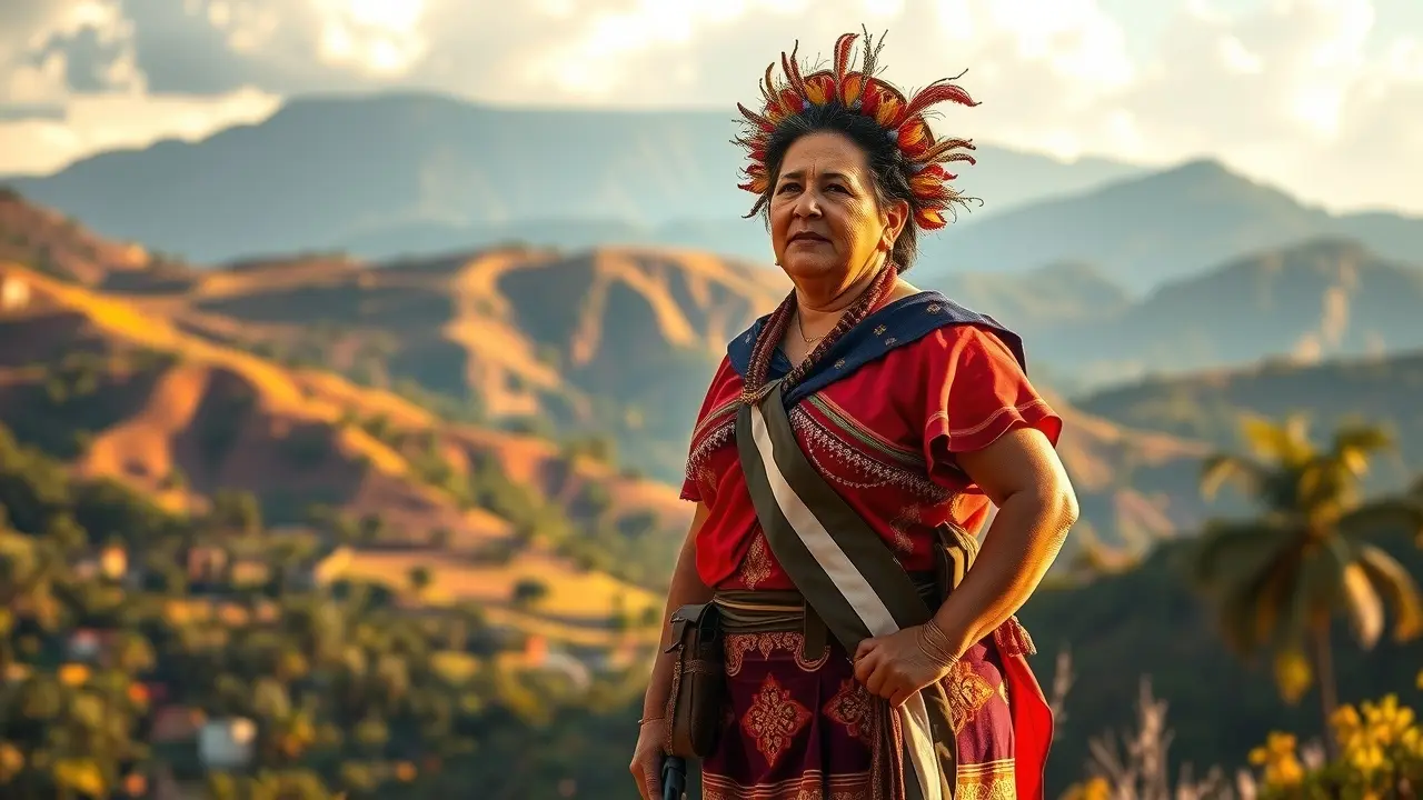 Ilustração de Dora Maria Téllez com vestes revolucionárias, simbolizando esperança e determinação.