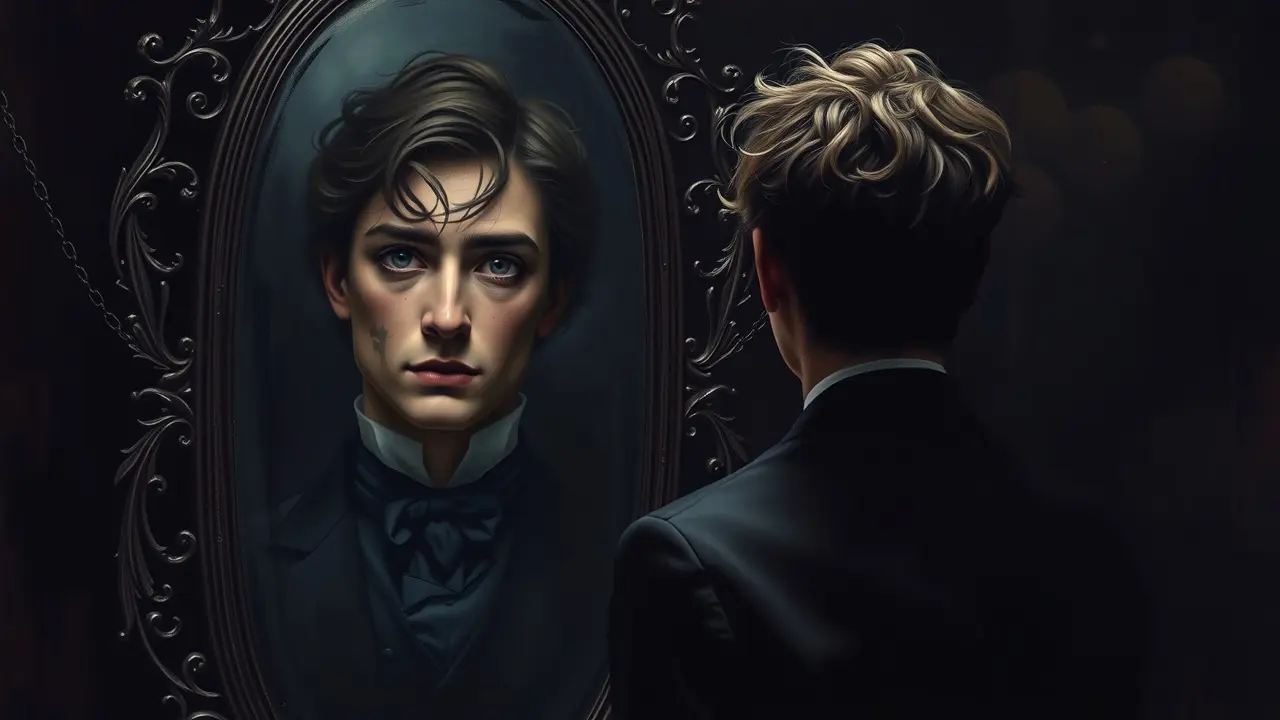Sonhar com Dorian Gray: Reflexos Narcisistas e Envelhecimento Homem jovem e belo refletido em um espelho, com leve distorção na imagem refletida.
