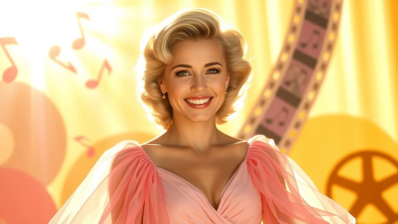 O Que Significa Sonhar com Doris Day? Descubra a Interpretação! Ilustração de Doris Day sorrindo em um cenário de Hollywood clássico.