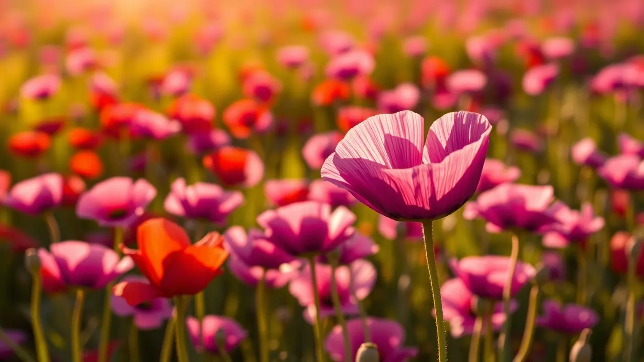 Campo de dormideiras sob a luz do sol