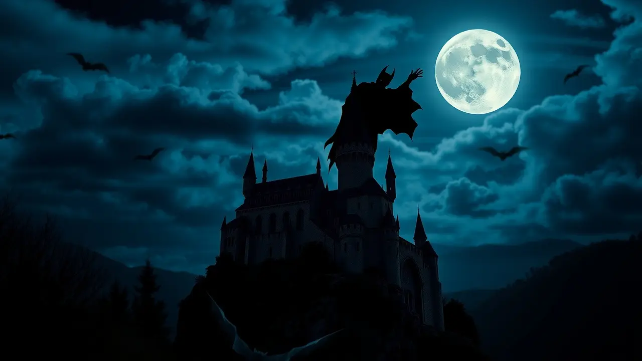 Sonhar com Drácula: Desvende os Mistérios e Significados Ocultos Silhueta de Drácula em castelo gótico sob a luz da lua.