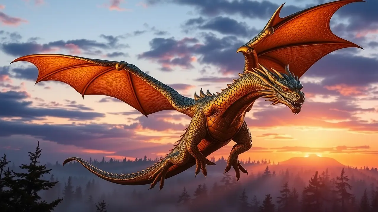 Dragão voando em céu crepuscular