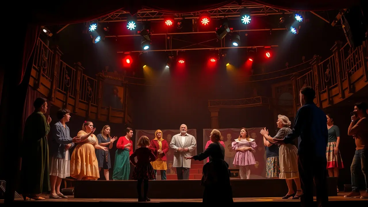 O Significado Profundo de Sonhar com Dramatização Teatro com atores em cena iluminada e colorida.