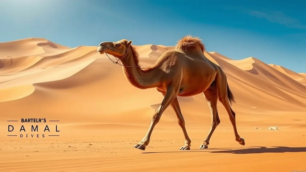Dromedário no deserto com sol forte.