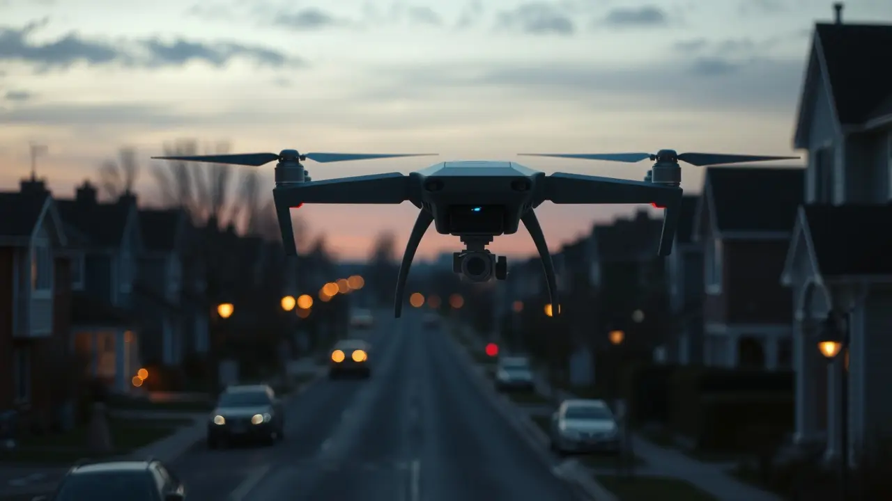 Sonhar com Drone: Descubra os Significados e Interpretações! Drone pairando em rua suburbana ao entardecer