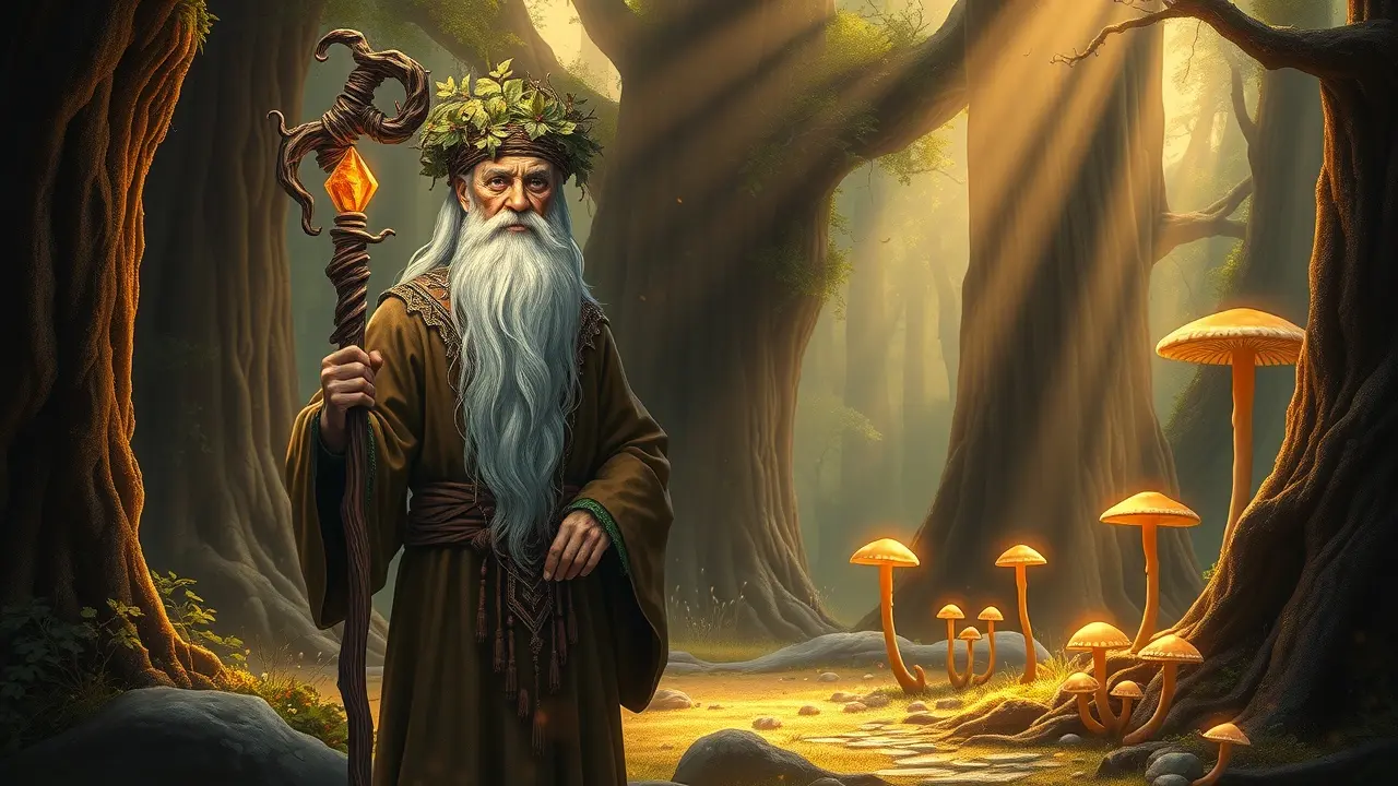 Druida sábio em floresta ancestral