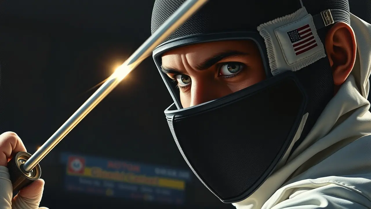 Rosto de um duelista concentrado durante um duelo acirrado.