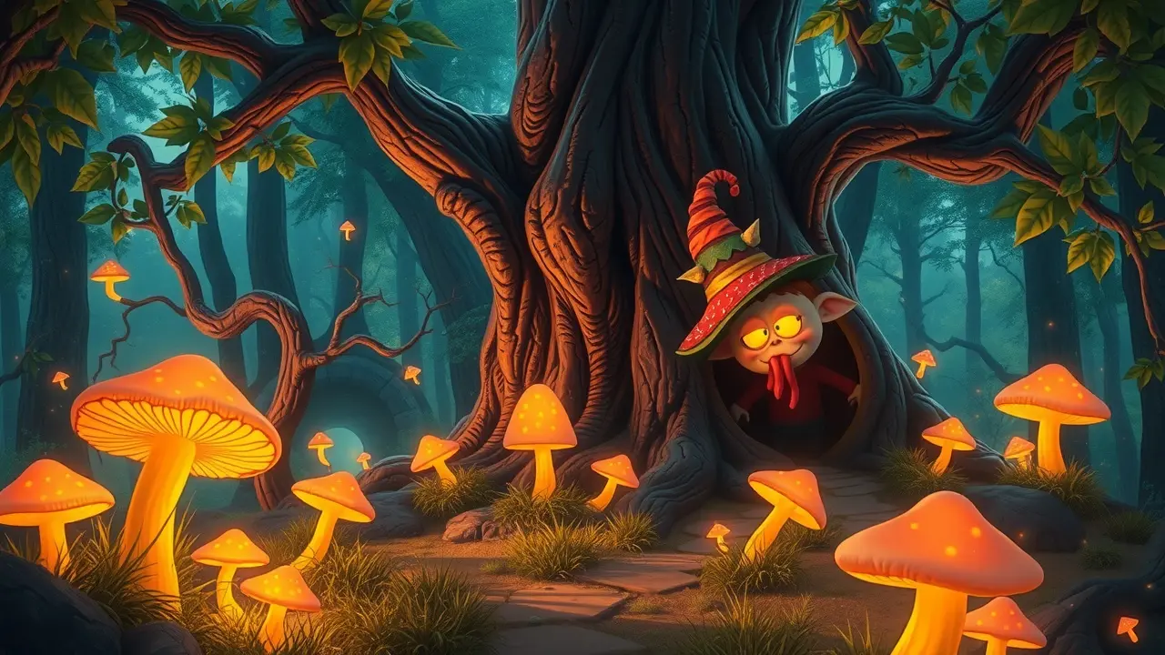 Duende travesso espreitando na floresta