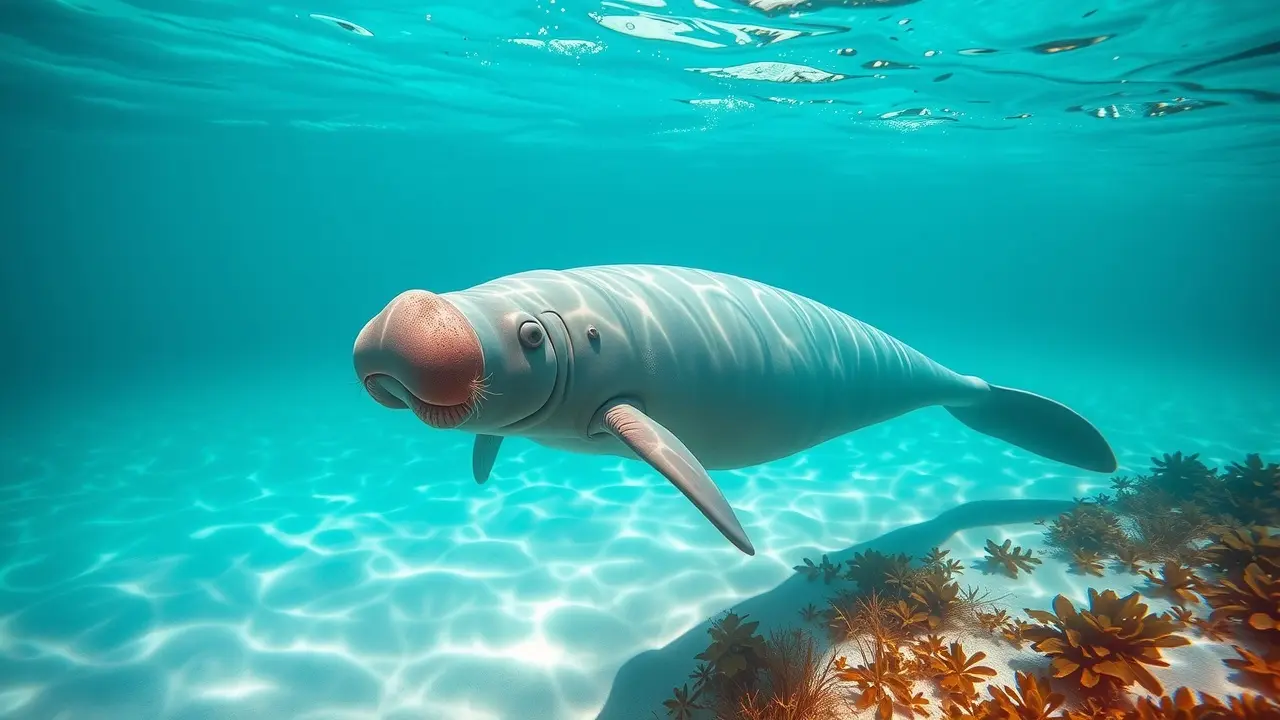 Dugongo nadando em águas claras