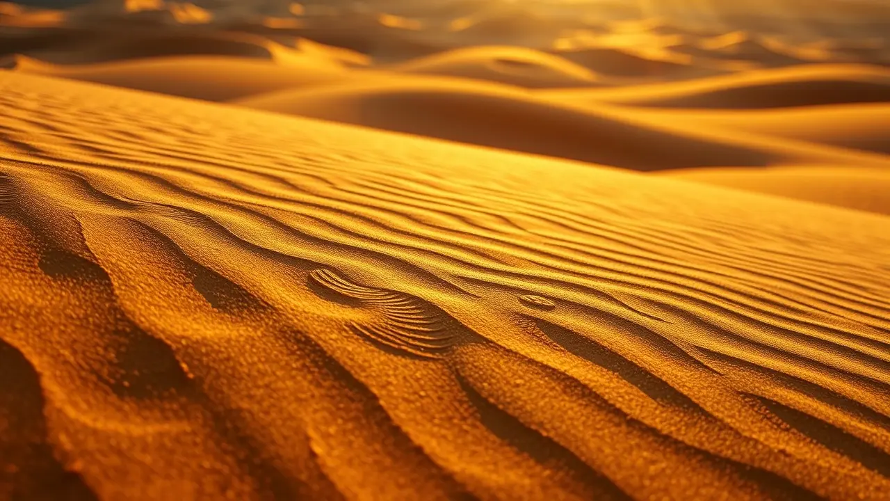 Significado de Sonhar com Dunas: Desvendando os Mistérios do Subconsciente Padrões intrincados nas dunas sob a luz do sol, com miragem ao longe.