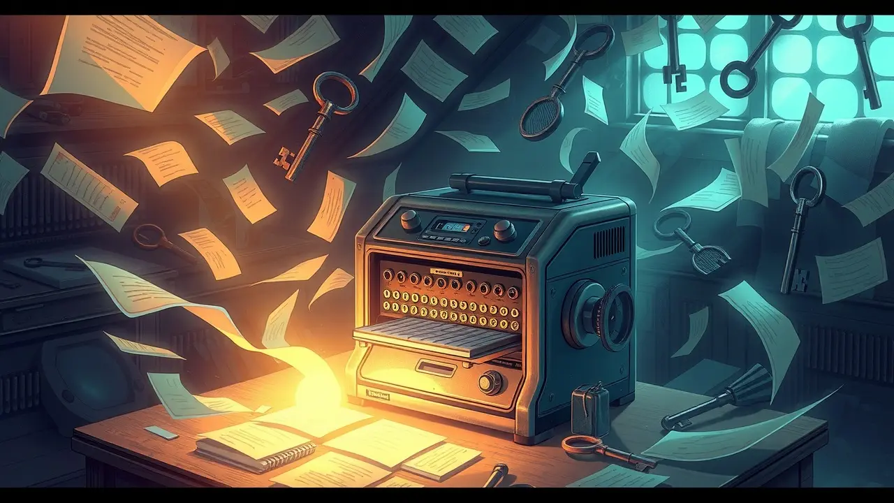 Sonhar com Duplicador: Descubra os Significados e Interpretações Ilustração de um duplicador cercado por papéis e chaves