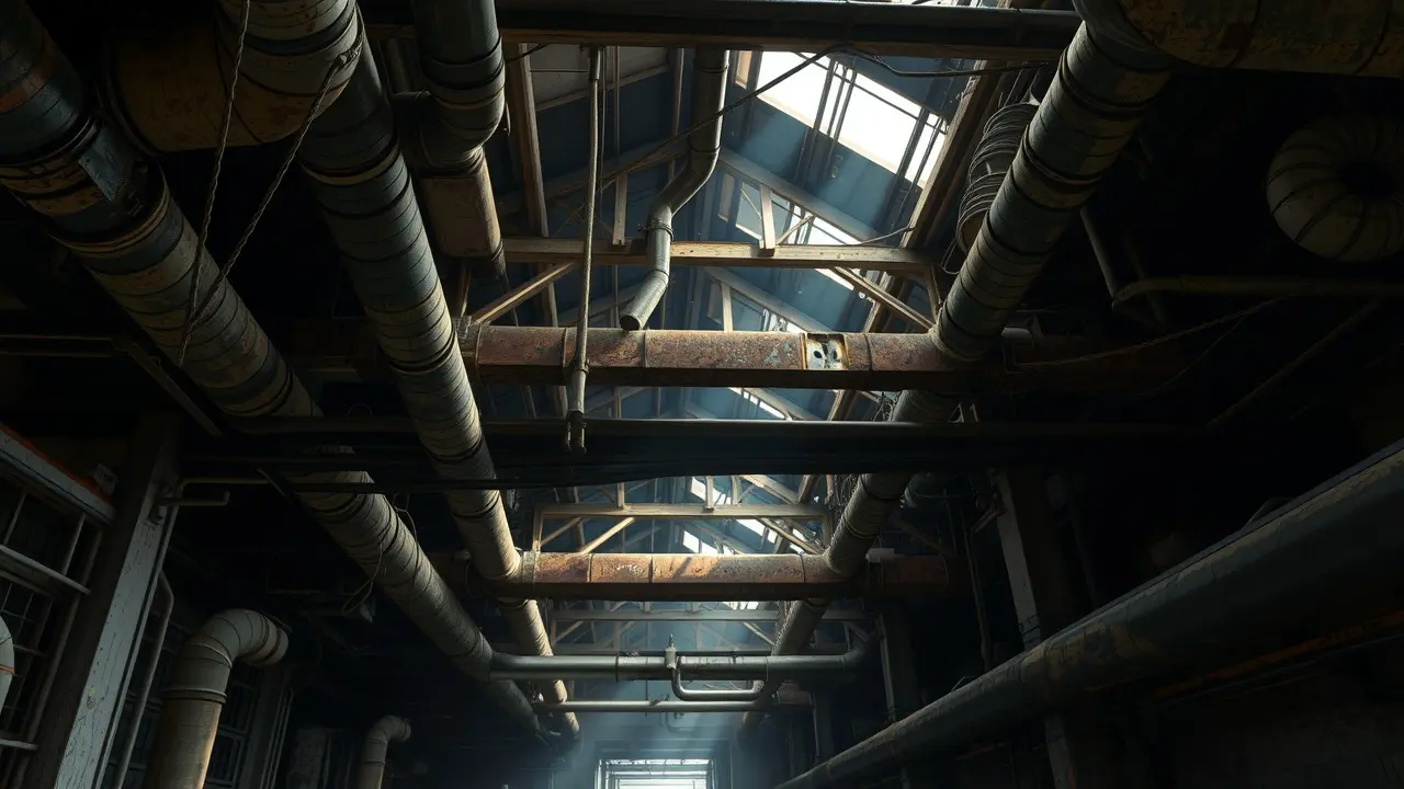 Rede intrincada de dutos enferrujados em complexo industrial abandonado.