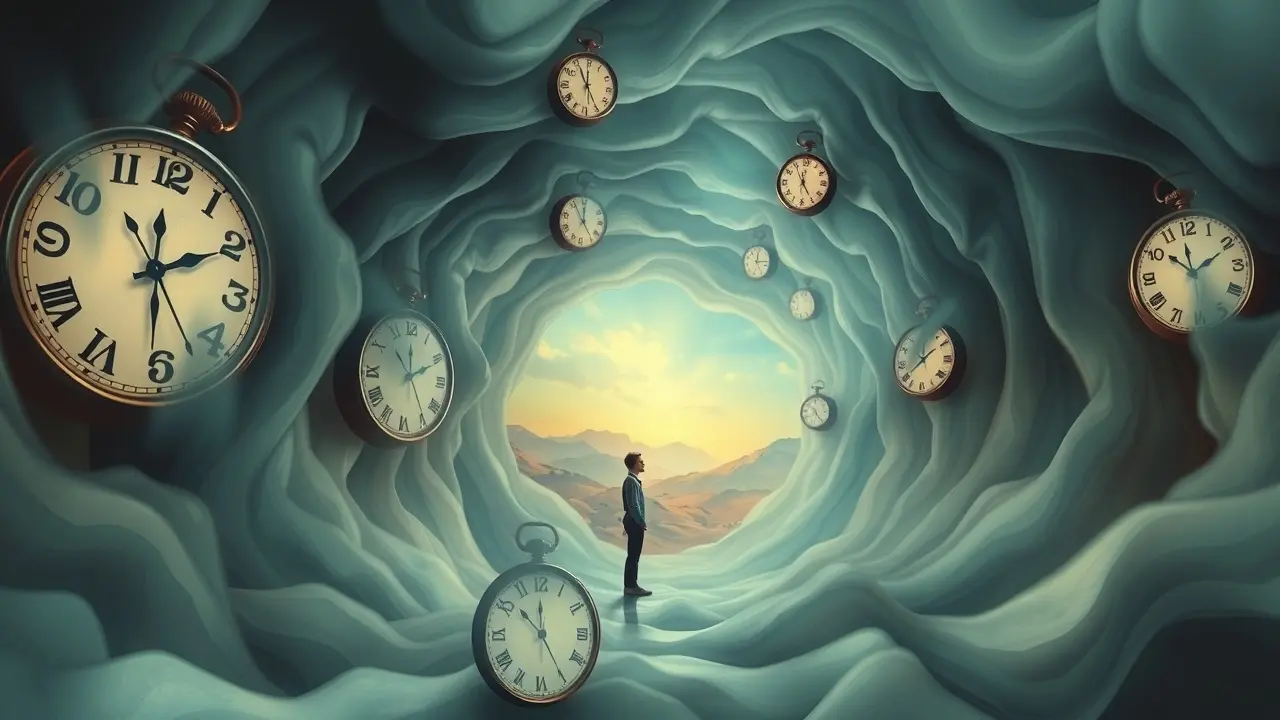 Sonhar com Déjà Vu: Desvende os Mistérios da Sua Mente Uma pessoa em um vórtice de memórias em um sonho lúcido.