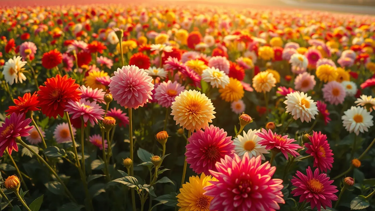 Campo de dálias coloridas