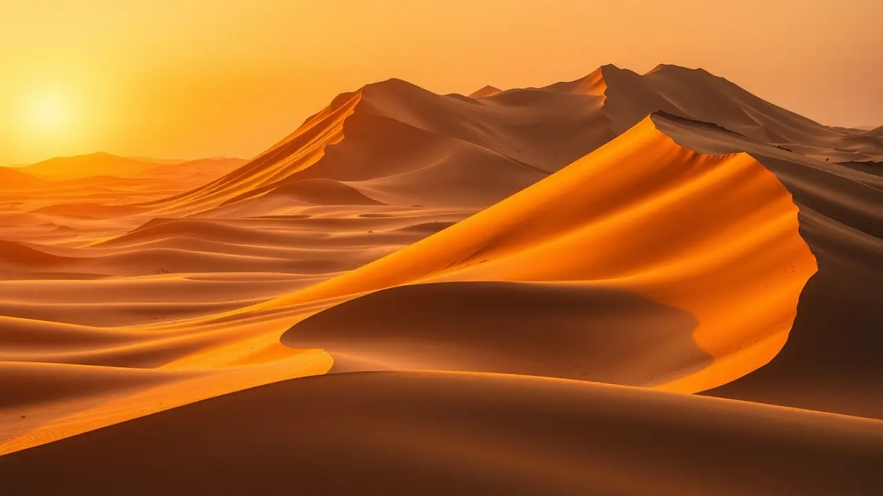 Paisagem de dunas douradas ao pôr do sol.