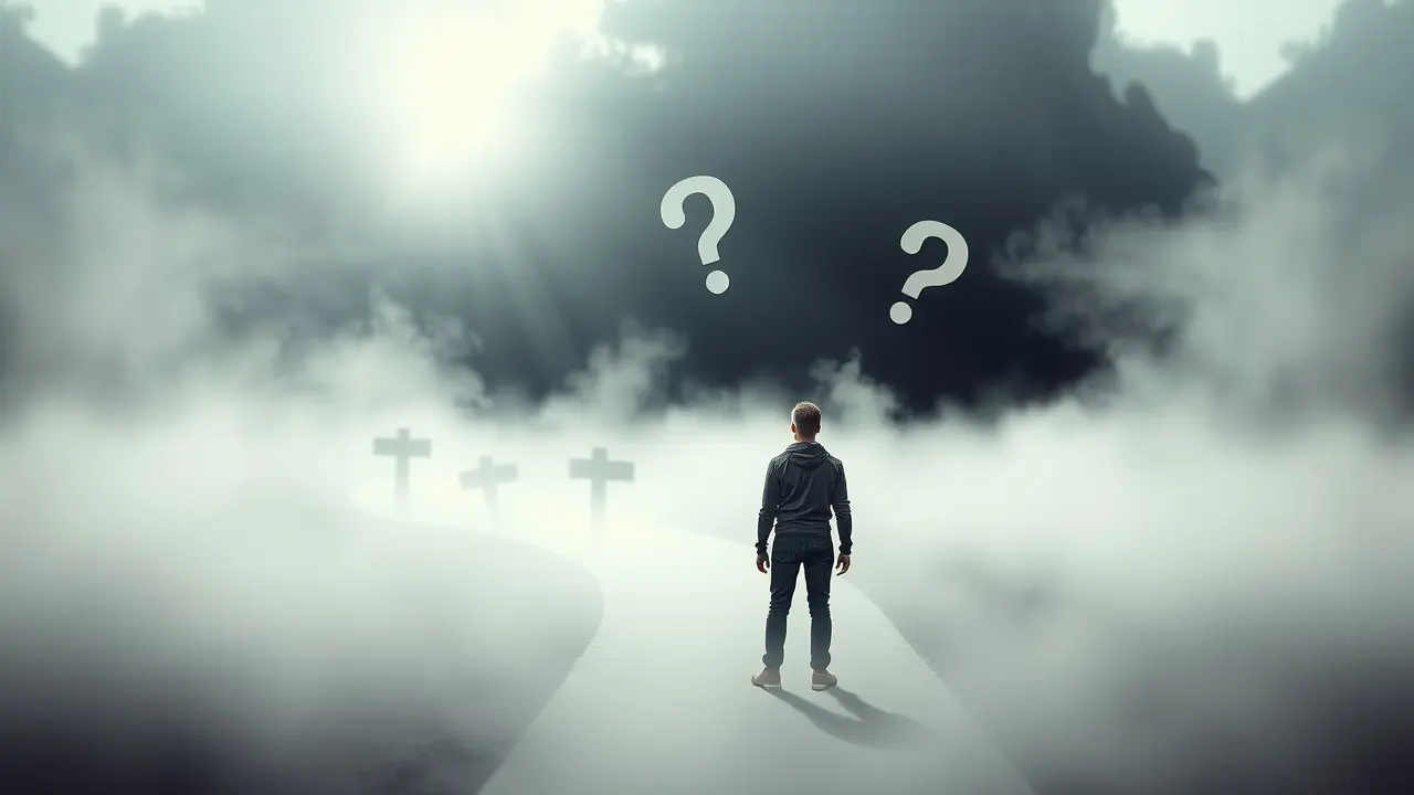 Sonhar com Dúvida: Descubra o Significado Oculto Pessoa hesitante em encruzilhada nebulosa, representando dúvida.